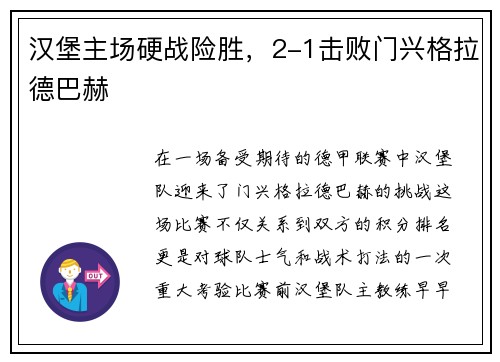 汉堡主场硬战险胜，2-1击败门兴格拉德巴赫