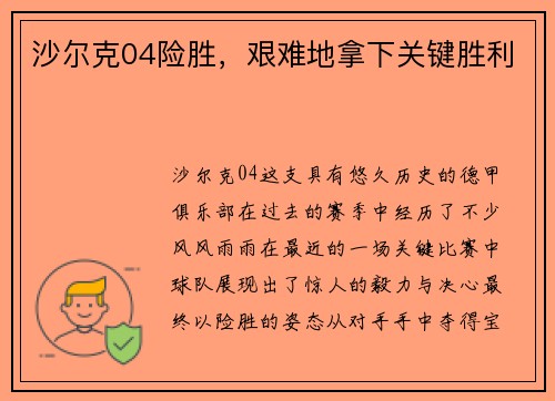 沙尔克04险胜，艰难地拿下关键胜利